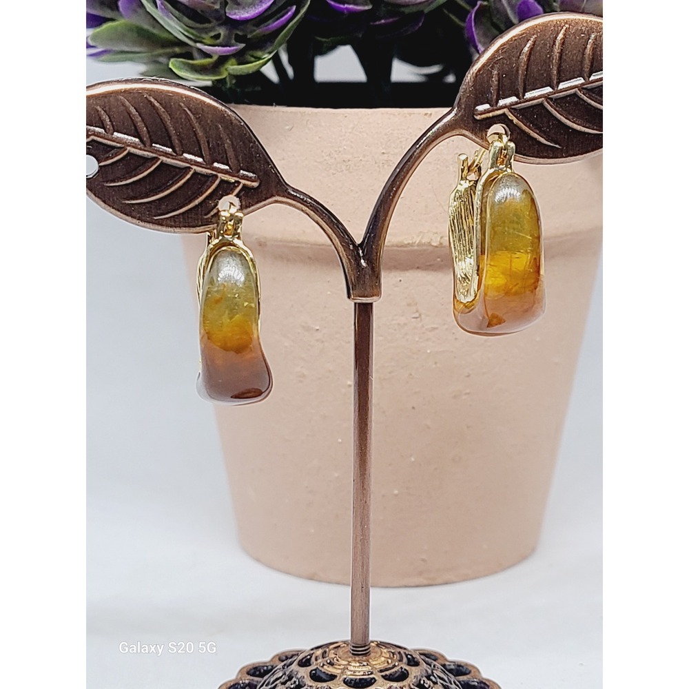 Amber Resin Chunky Hoop Earrings Gold Tone Tortoiseshell Latch Back U-Shape